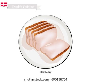 Danish Cuisine, Illustration of Falsest or Traditional Roasted Pork with A Crisp Crackling Rind Served on Christmas Eve. The National Dish of Denmark.