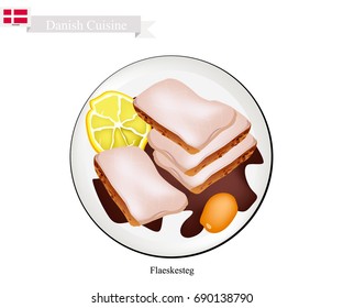 Danish Cuisine, Illustration of Falsest or Traditional Roasted Pork with A Crisp Crackling Rind and Gravy Served on Christmas Eve. The National Dish of Denmark.