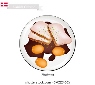 Danish Cuisine, Illustration of Flaeskesteg or Traditional Roasted Pork with A Crisp Crackling Rind with Boiled Potatoes and Gravy Served on Christmas Eve. The National Dish of Denmark.