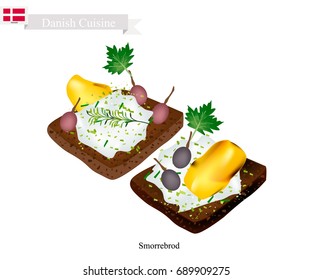 Danish Cuisine, Illustration of Sombreros or Traditional Buttered Rye Bread or Dark Rye Bread Topped with Roast Chicken, Fresh Dill, Pickled Olive and Tartar Sauce. The National Dish of Denmark.