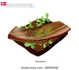 Danish Cuisine, Illustration of Sombreros or Traditional Buttered Rye Bread or Dark Rye Bread Topped with Roast Beef and Fresh Dill. The National Dish of Denmark.