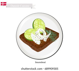 Danish Cuisine, Illustration of Sombreros or Traditional Buttered Rye Bread or Dark Rye Bread Topped with Squid and Slice of Lemon and Fresh Dill. The National Dish of Denmark.
