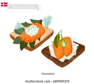 Danish Cuisine, Illustration of Sombreros or Traditional Buttered Rye Bread or Dark Rye Bread Topped with Smoked Salmon, Fresh Dill, Pickled Olive and Tartar. The National Dish of Denmark.
