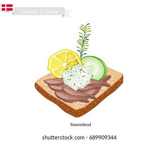 Danish Cuisine, Illustration of Sombreros or Traditional Buttered Rye Bread or Dark Rye Bread Topped with Roast Beef, Tartar Sauce, Slice Lemon and Cucumber. The National Dish of Denmark.
