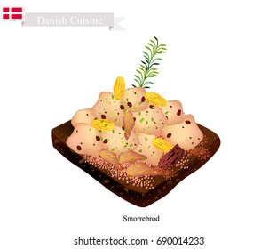 Danish Cuisine, Illustration of Sombreros or Traditional Buttered Rye Bread or Dark Rye Bread Topped with Roast Chicken and Fresh Dill. The National Dish of Denmark.
