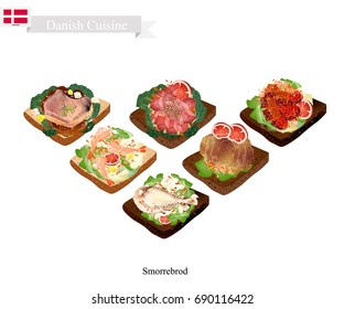 Danish Cuisine, Illustration of Sombreros or Traditional Buttered Rye Bread or Dark Rye Bread Topped with Many Kind of Meat and Vegetable. The National Dish of Denmark.