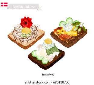 Danish Cuisine, Illustration of Sombreros or Traditional Buttered Rye Bread or Dark Rye Bread Topped with Roast Chicken, Egg Yolk, Vegetable and Tartar Sauce. The National Dish of Denmark.
