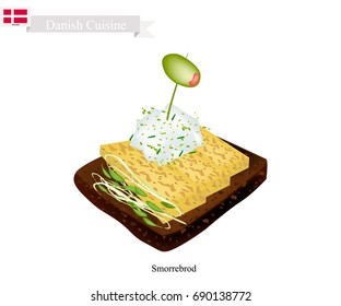 Danish Cuisine, Illustration of Sombreros or Traditional Buttered Rye Bread or Dark Rye Bread Topped with Omelet, Pickled Olive and Tartar Sauce. The National Dish of Denmark.