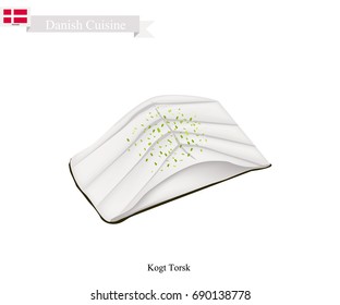 Danish Cuisine, Illustration of Traditional Boiled Cod Fillet Served with Garnish. One of The Most Famous Dishes in Denmark.