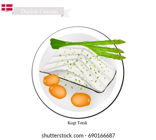 Danish Cuisine, Illustration of Traditional Boiled Cod Fillet Served with Boiled Potatoes and Asparagus. One of The Most Famous Dish in Denmark.