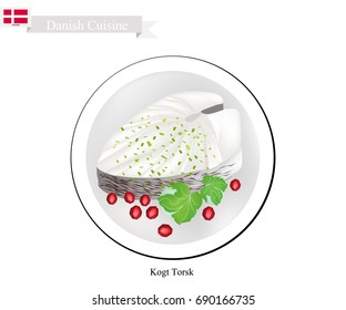 Danish Cuisine, Illustration of Traditional Boiled Cod Fillet Served with Parsley Sauce. One of The Most Famous Dish in Denmark.