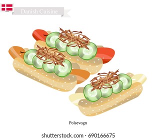Danish Cuisine, Illustration of  Traditional Hot Dog Made of Sausage with Wheat Bun, Mustard, Cucumber and Crispy Onions. One of The Most Famous Dish in Denmark.