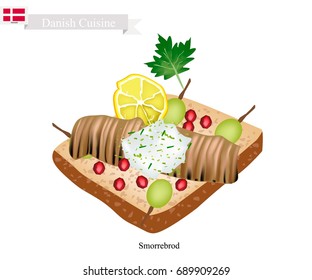 Danish Cuisine, Sombreros or Traditional Buttered Rye Bread or Dark Rye Bread Topped with Spiced Meat Roll, Tartar Sauce, Garden Cress Sprouts and Pickled Olive. The National Dish of Denmark.