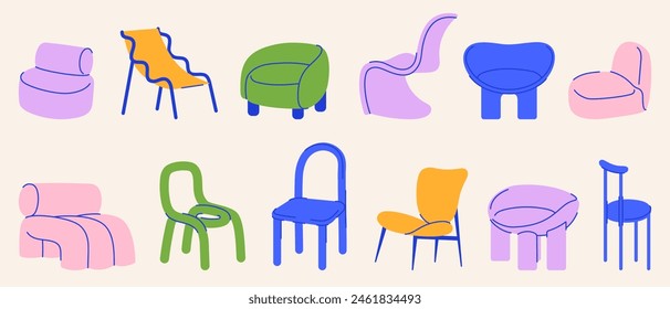 Dänische Design Stühle Vektorgrafik flache Illustration Set. Die Einrichtungssessel aus der Jahrhundertwende. Skandinavische Couch für Zimmer