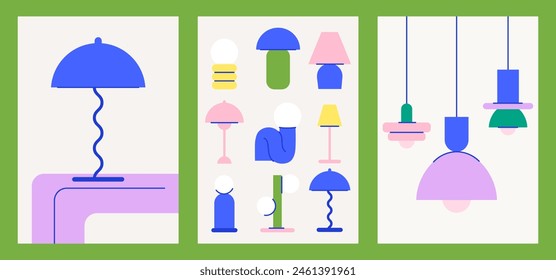 Danish design posters with lamps. Midcentury style interior prints. Retro home decor illustration