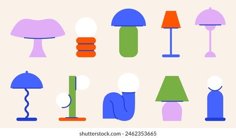 Danish design table lamps vector illustration set. Midcentury style interior illumination