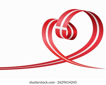 Danish flag heart shaped ribbon. Vector illustration.