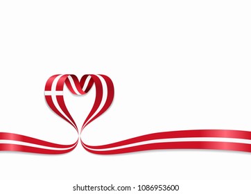 Danish flag heart-shaped wavy ribbon. Vector illustration.