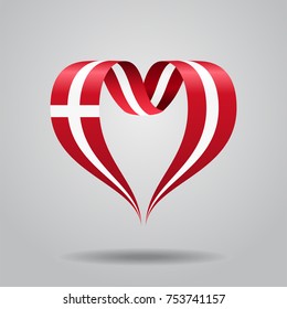 Danish flag heart-shaped wavy ribbon. Vector illustration.