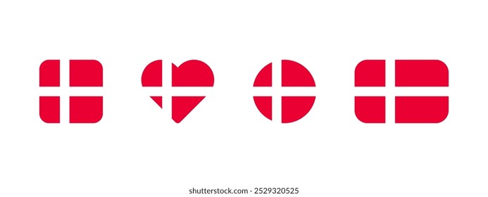 Danish flag icon. Flag of Denmark vector sign. Danish national banner. Emblem of Denmark. Multicolor Copenhagen banner in four different shapes: square, heart, circle and rectangle with silver cross.