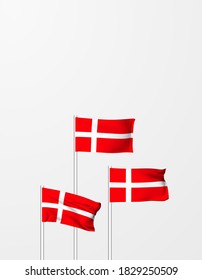 Danish flag for independence day. Flagpoles and fabrics flutter in the 3D wavy wind