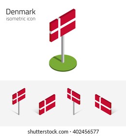 Danish flag (Kingdom of Denmark), vector set of isometric flat icons, 3D style, different views. Editable design elements for banner, website, presentation, infographic, poster, map. Eps 10