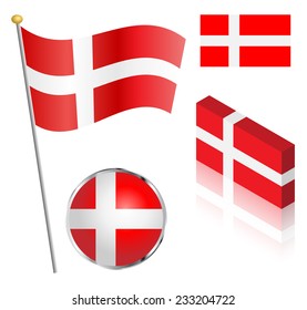 Danish flag on a pole, badge and isometric designs vector illustration. 