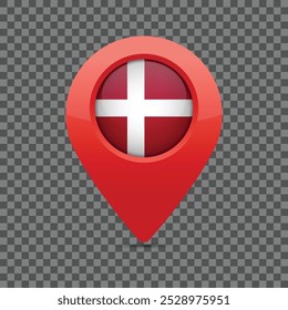 Danish flag pin for maps and navigation systems to mark current location. User Interface icon design. Vector illustration.