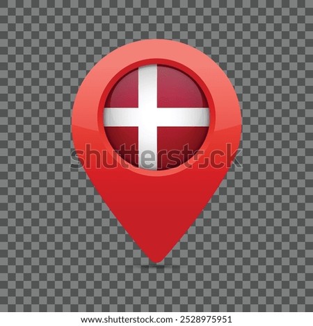 Danish flag pin for maps and navigation systems to mark current location. User Interface icon design. Vector illustration.