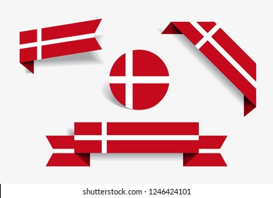 Danish flag stickers and labels set. Vector illustration.
