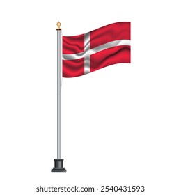 Danish flag waving on a flagpole, isolated on white background, vector illustration. The national flag of Denmark.