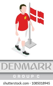 Danish football player with national flag for international  Moscow 2018 world championship tournament.Group C (Isometric)