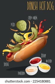 Danish hot dog. Vector illustration