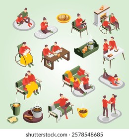 Danish hygge lifestyle isometric icons set with warm cozy home fireplace candles relax knitting coffee vector illustration