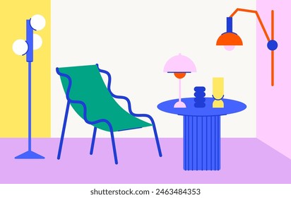 Danish indoor interior flat scene. Contemporary room with furniture lamps and decor vector illustration. Cozy apartments in midcentury minimalist style