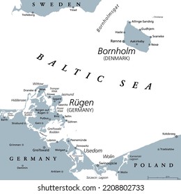 Danish island Bornholm and Germanys largest island Ruegen, gray political map. Both islands are located in southern Baltic Sea, a marginal sea of the Atlantic Ocean. Illustration on white background.