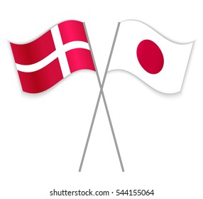 Danish and Japanese crossed flags. Denmark combined with Japan isolated on white. Language learning, international business or travel concept.