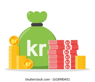 Danish Krone money bundle and coin stack sack bag vector icon logo and design. Denmark  currency business, payment and finance element. Can be used for web, mobile, infographic, and print.