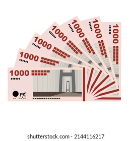 Danish Krone Vector Illustration. Denmark, Greenland, Faroe Islands money set banknotes. Paper money 1000 Kr. Flat style. Isolated on white background. Simple minimal design.