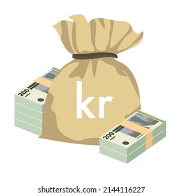 Danish Krone Vector Illustration. Denmark, Greenland, Faroe Islands money set banknotes. Money bag 200 Kr. Flat style. Isolated on white background. Simple minimal design.