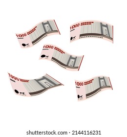 Danish Krone Vector Illustration. Denmark, Greenland, Faroe Islands money set banknotes. Falling, flying money 1000 Kr. Flat style. Isolated on white background. Simple minimal design.