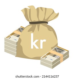 Danish Krone Vector Illustration. Denmark, Greenland, Faroe Islands money set banknotes. Money bag 100 Kr. Flat style. Isolated on white background. Simple minimal design.