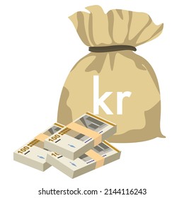 Danish Krone Vector Illustration. Denmark, Greenland, Faroe Islands money set banknotes. Money bag 100 Kr. Flat style. Isolated on white background. Simple minimal design.
