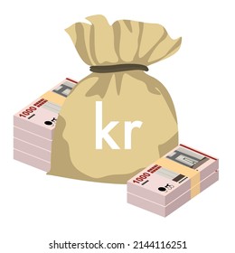Danish Krone Vector Illustration. Denmark, Greenland, Faroe Islands money set banknotes. Money bag 1000 Kr. Flat style. Isolated on white background. Simple minimal design.