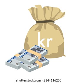 Ilustración del vector Krone danés. Dinamarca, Groenlandia y las Islas Feroe establecen billetes. Bolsa de dinero de 500 Kr. Estilo plano. Aislado sobre fondo blanco. Diseño sencillo y mínimo.