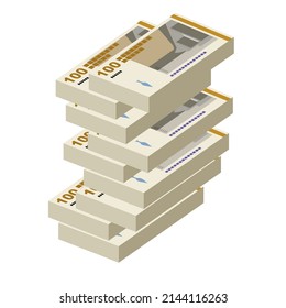 Danish Krone Vector Illustration. Denmark, Greenland, Faroe Islands money set banknotes. Paper money 100 Kr. Flat style. Isolated on white background. Simple minimal design.