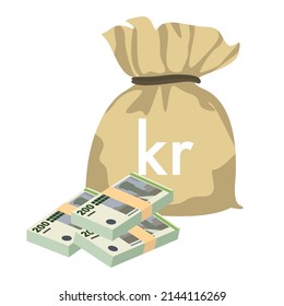 Danish Krone Vector Illustration. Denmark, Greenland, Faroe Islands money set banknotes. Money bag 200 Kr. Flat style. Isolated on white background. Simple minimal design.