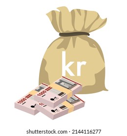 Danish Krone Vector Illustration. Denmark, Greenland, Faroe Islands money set banknotes. Money bag 1000 Kr. Flat style. Isolated on white background. Simple minimal design.