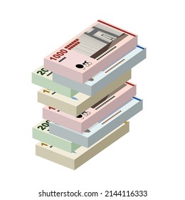 Dänische Krone-Vektorgrafik. Dänemark, Grönland und die Färöer haben Banknoten festgesetzt. Papiergeld 1000, 500, 200, 100 Kr. Flacher Stil. Einzeln auf weißem Hintergrund. Einfaches minimales Design.