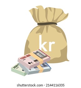 Danish Krone Vector Illustration. Denmark, Greenland, Faroe Islands money set banknotes. Money bag 1000, 500, 200, 100 Kr. Flat style. Isolated on white background. Simple minimal design.